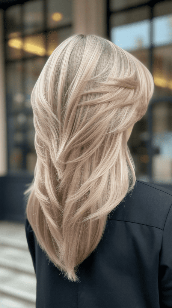 Champagne Blonde Highlights with V-Cut Layers