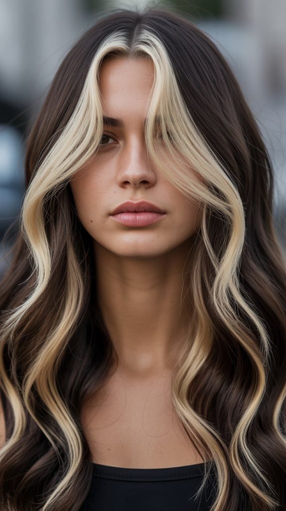 23. Bright Blonde Highlights on Dark Brown