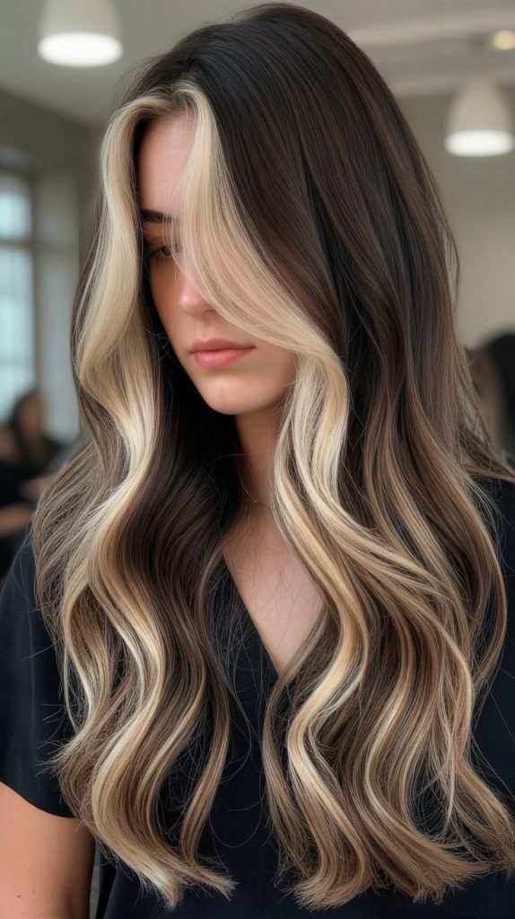 19. Blonde Balayage on Dark Brown Hair