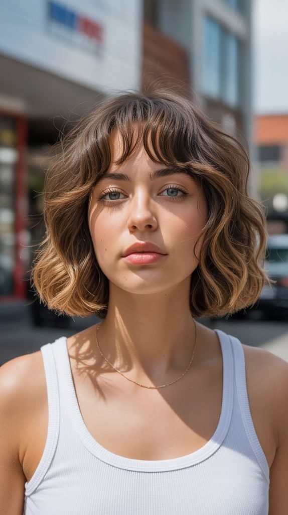 6. Wavy Long Bob with Relaxed Curtain Bangs