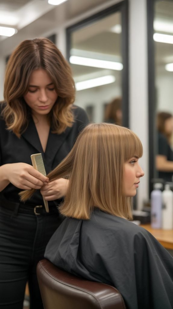 30. Long Bob with Curtain Bangs Maintenance and Salon Schedule