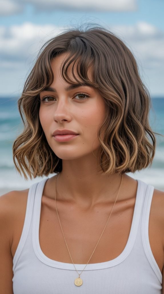  Long Bob with Curtain Bangs and Beach Waves