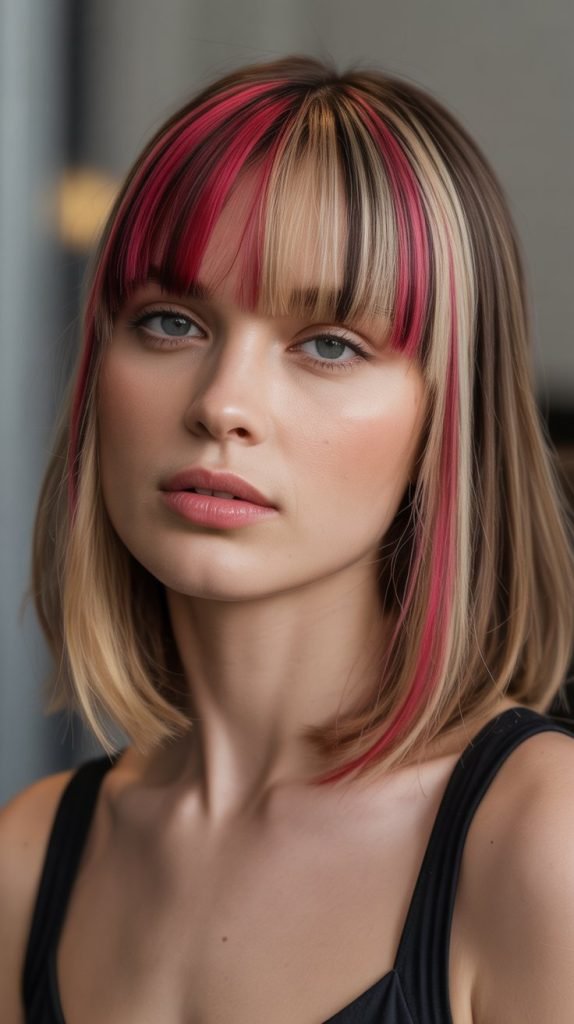  Long Bob with Curtain Bangs and Ribbon Highlights