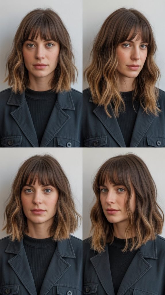 26. Long Bob with Curtain Bangs Transitional Styling