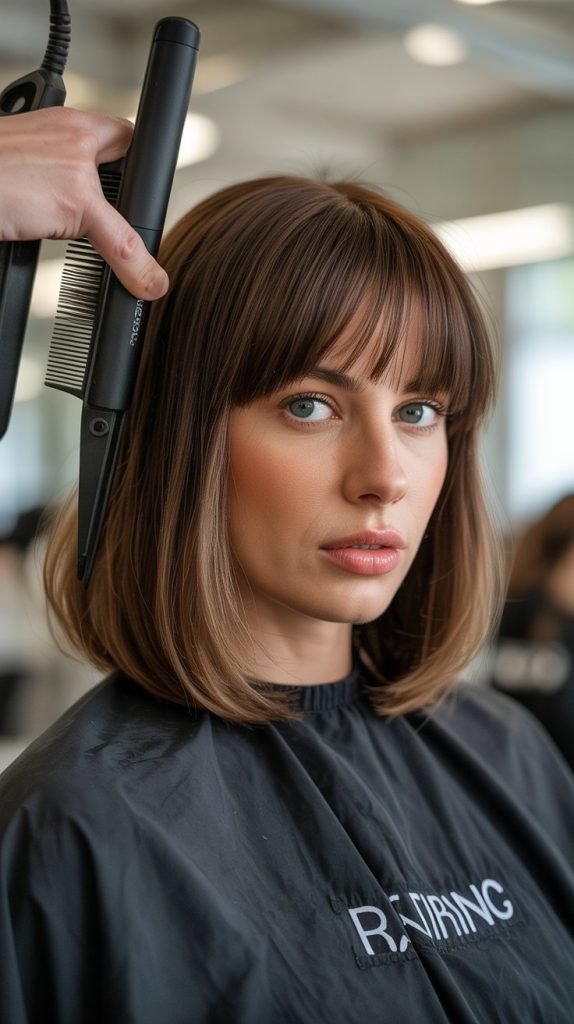 26. Long Bob with Curtain Bangs Maintenance and Styling Tips