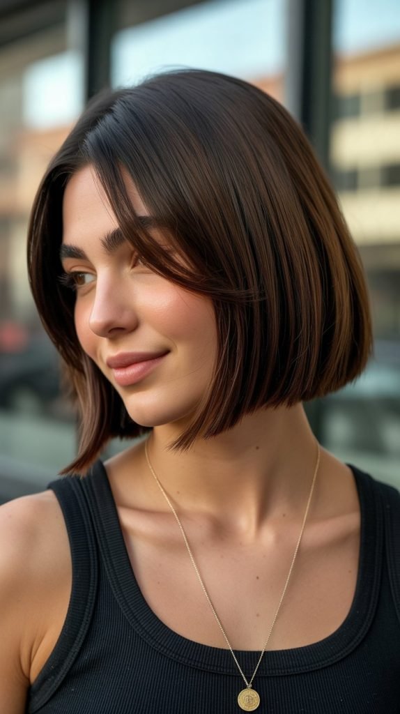  Sleek Asymmetrical Long Bob with Side-Swept Curtain Bangs