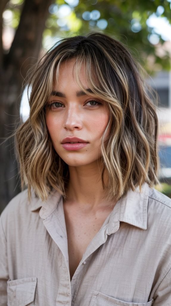 Textured Beach Wave Lob with Curtain Bangs