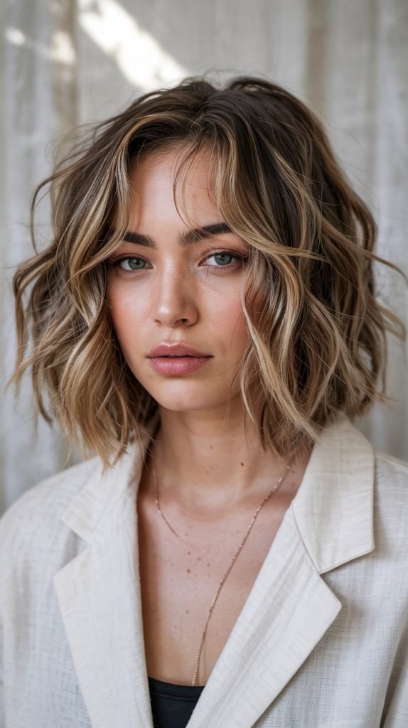 Textured Wavy Long Bob with Wispy Curtain Bangs