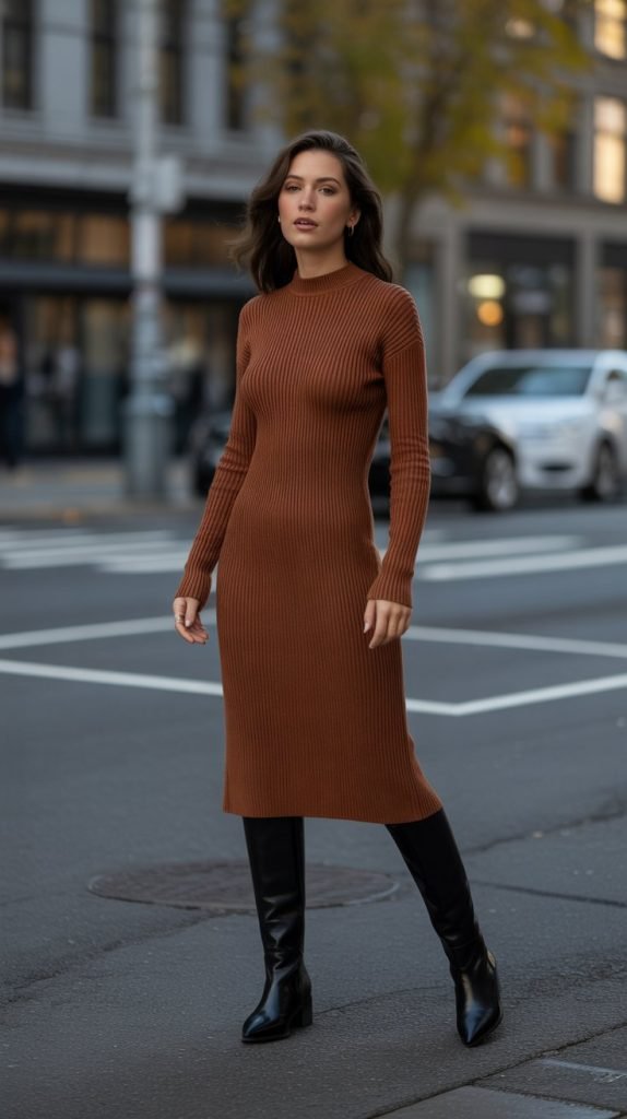 23. Midi Sweater Dress with Knee-High Boots