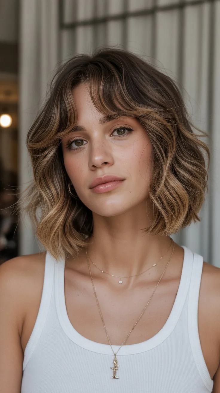 Wavy Angled Long Bob with Curtain Bangs