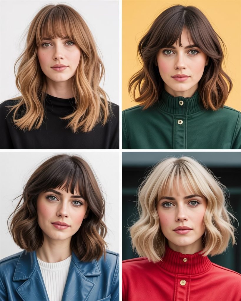  Medium Hair With Curtain Bangs And Glossy Finish