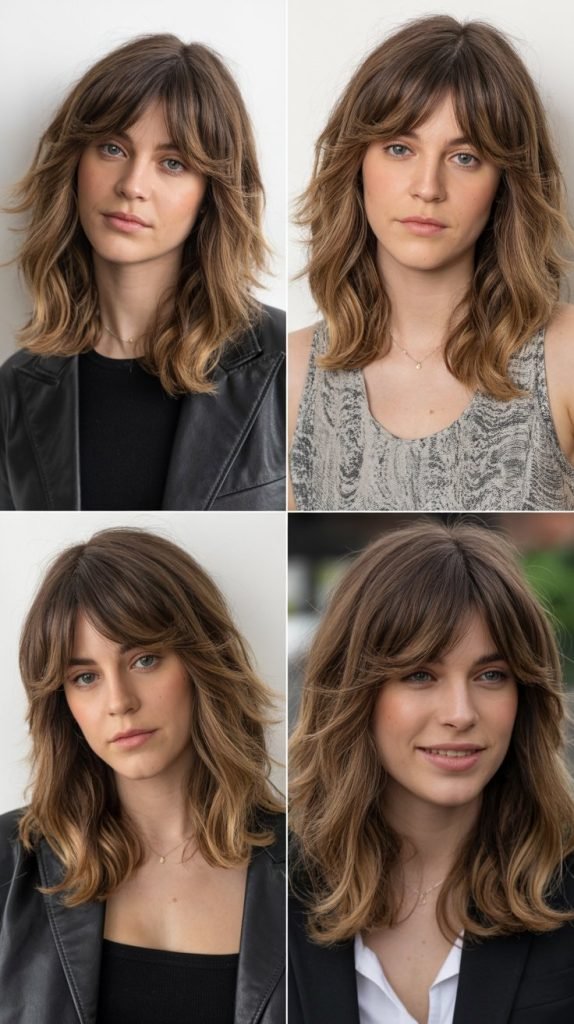 12. Medium Hair With Curtain Bangs And Money Piece Highlights