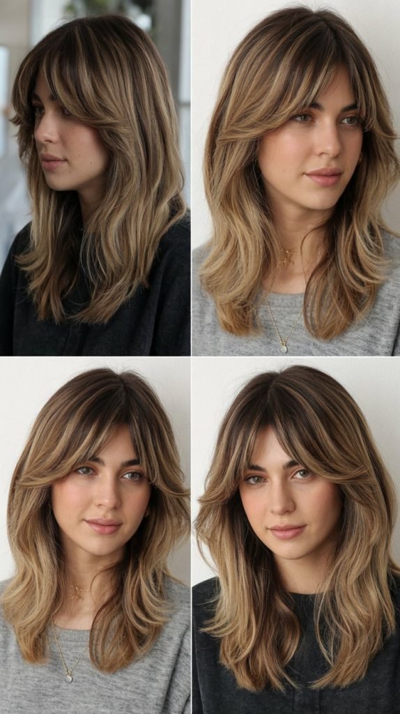 14. Medium-Length Hair With Curtain Bangs And Root Shadow