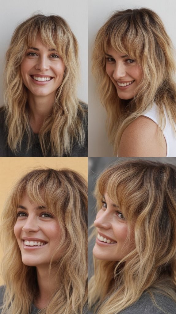 . Messy Blonde Waves with Grown-Out Side Bangs
