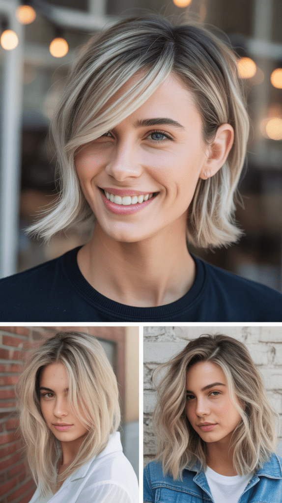 Angular Side Sweep with Silver Blonde Highlights