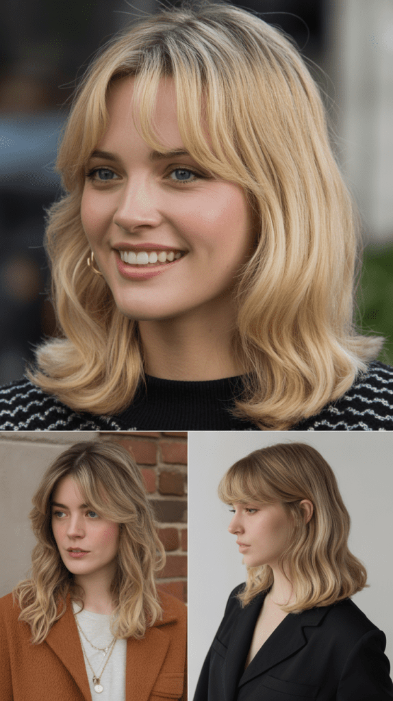 3. Shattered Bangs with Champagne Rose Blonde