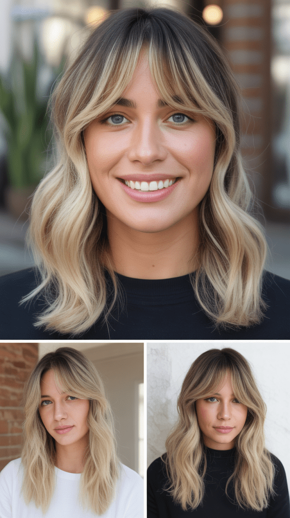 Cool Blonde Balayage with Center-Parted Curtain Bangs