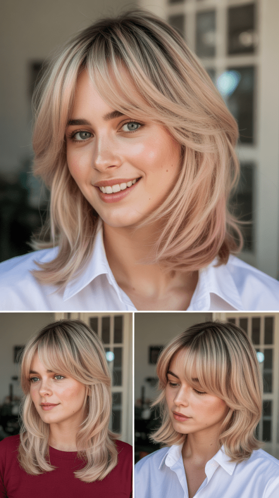 Heavy Side Bangs with Rose Gold Blonde Layers