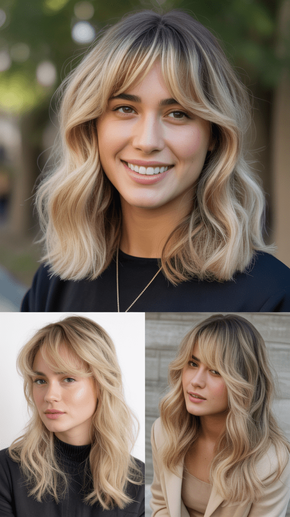 Side-Parted Bangs with Beige Blonde Waves