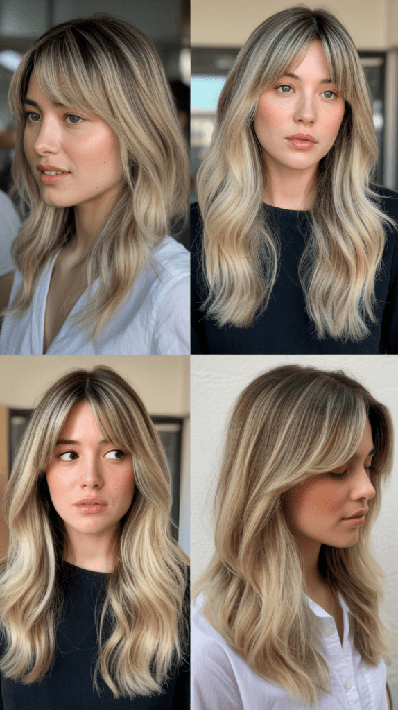Side-Parted Bangs with Beige Blonde Balayage