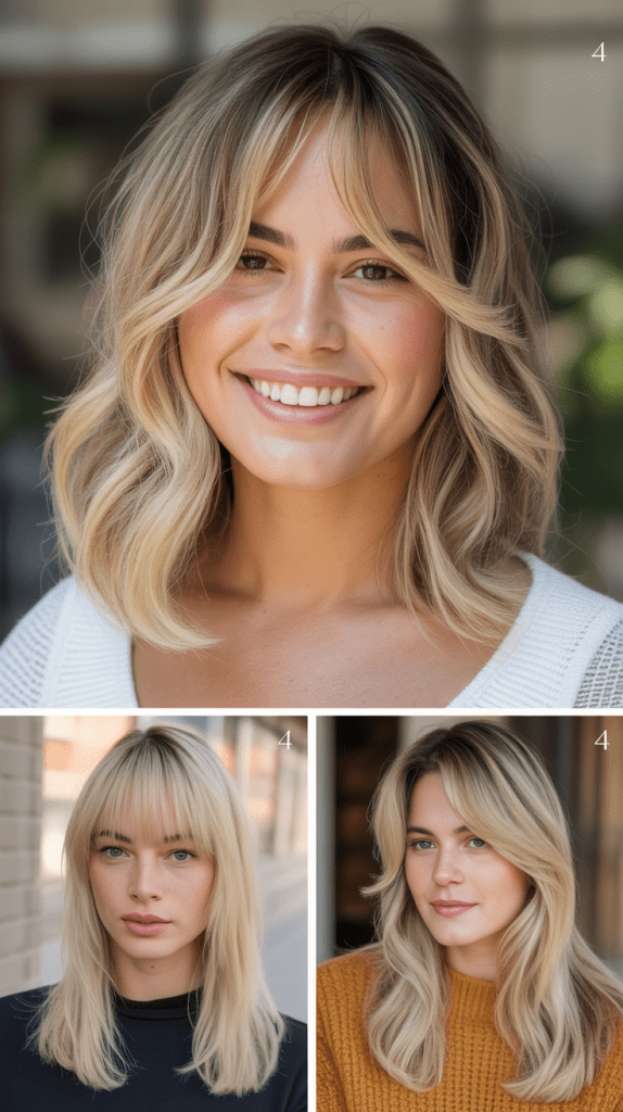 Toasted Coconut Blonde with Long-Swept Curtain Bangs