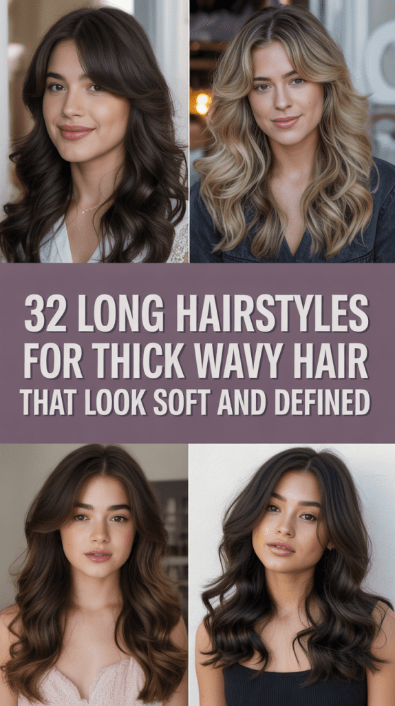 Realistic 4 image collage showing long layered wavy hair with face-framing pieces from different angles, featuring soft defined waves, natural brown and blonde tones, professional salon photography style