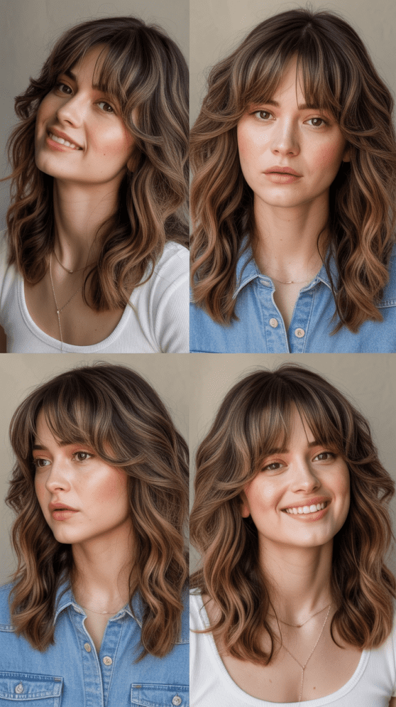 Layered Curtain Bangs with Medium Wavy Hair