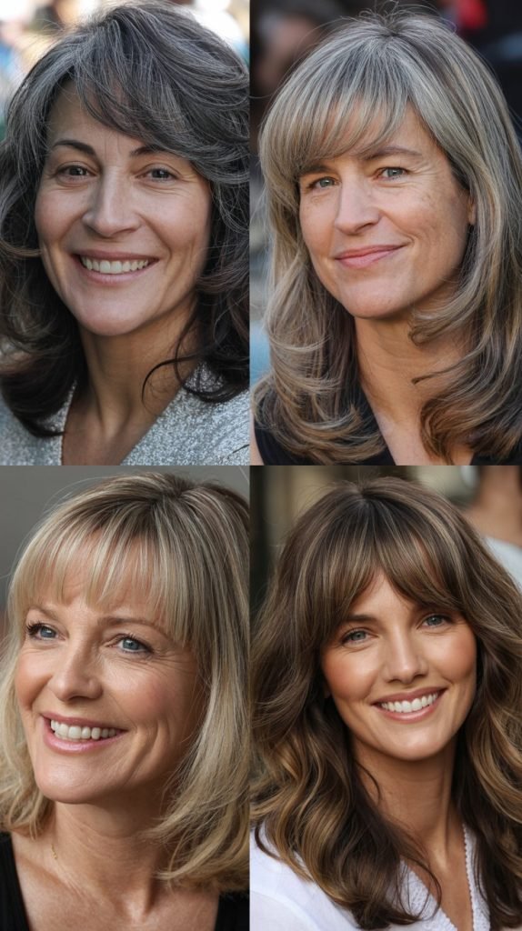 . Layered Long Hair with Arched Bangs