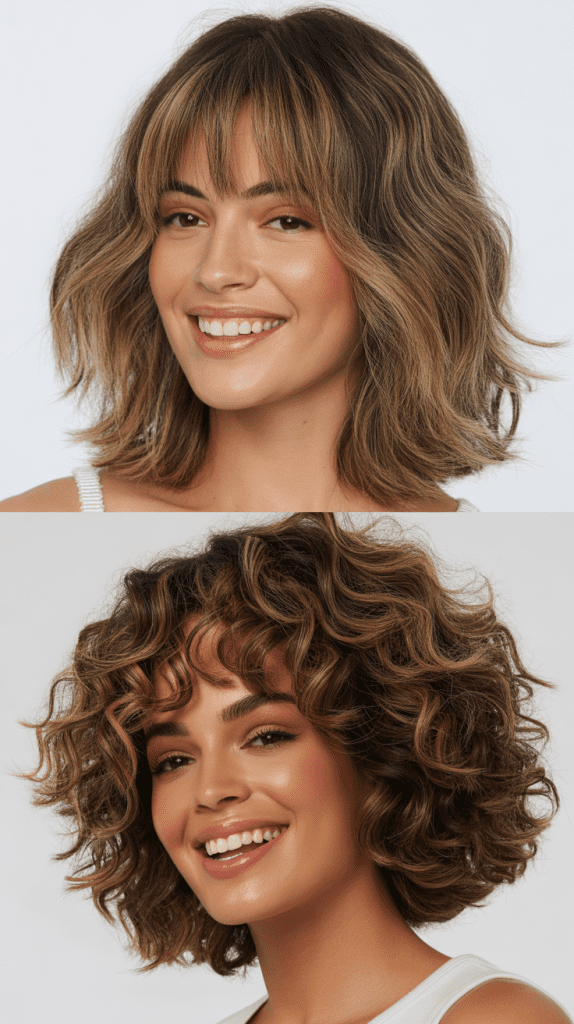 Tousled Long Bob With Curtain Bangs And Highlights