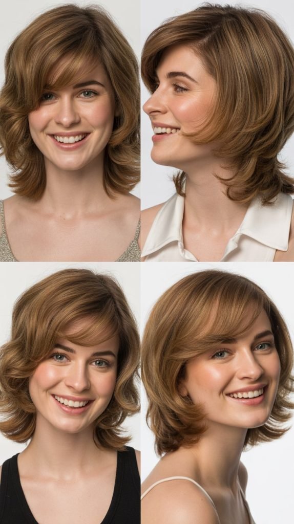 Voluminous Medium Cut with Side-Swept Feathered Bangs