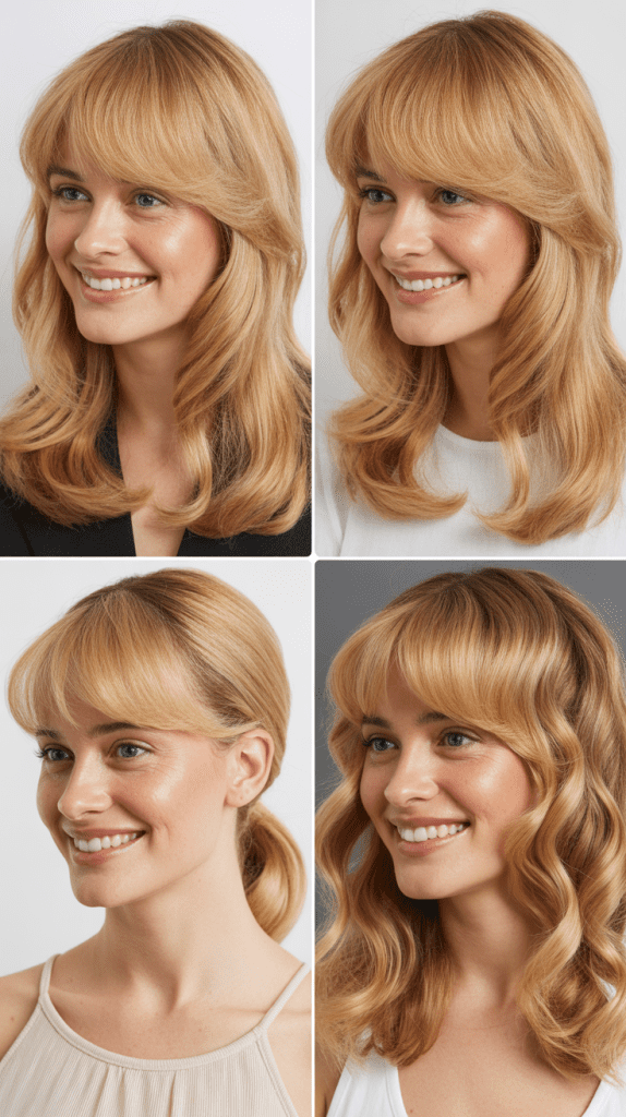 Classic Golden Blonde with Soft Layers and Wispy Curtain Bangs