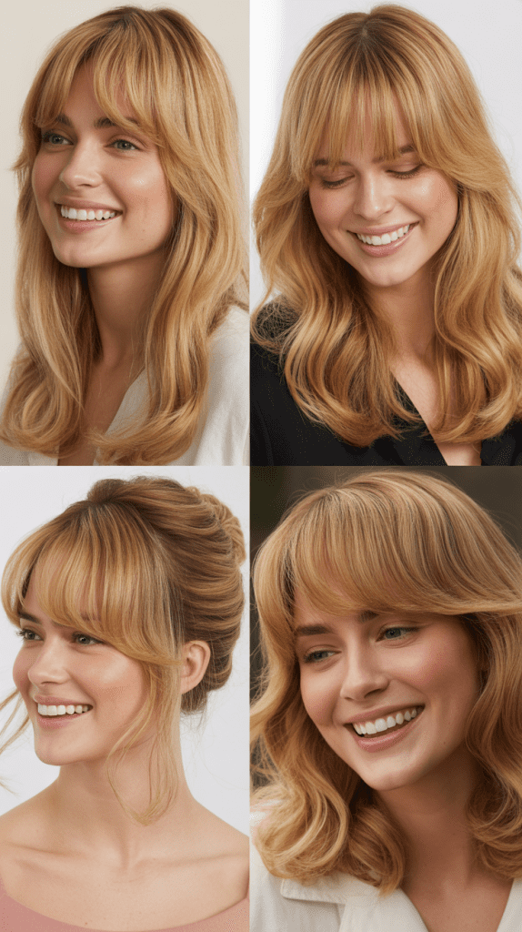 Honey Butter Blonde with Stacking Layers and Curtain Bangs