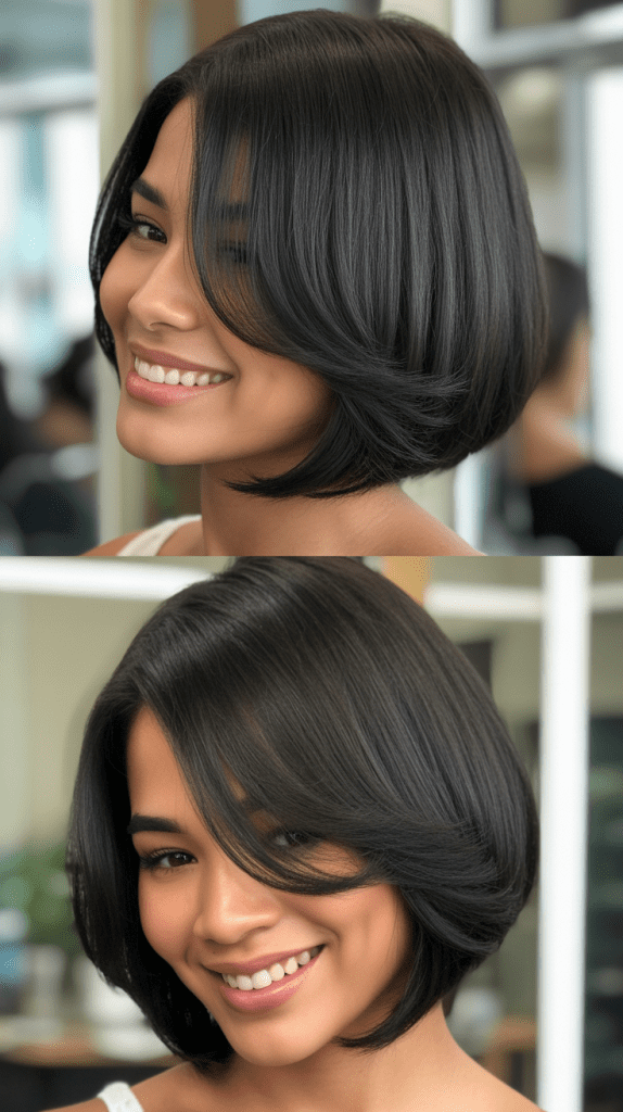Inverted Bob With Deep Side Part And Lengthy Bangs