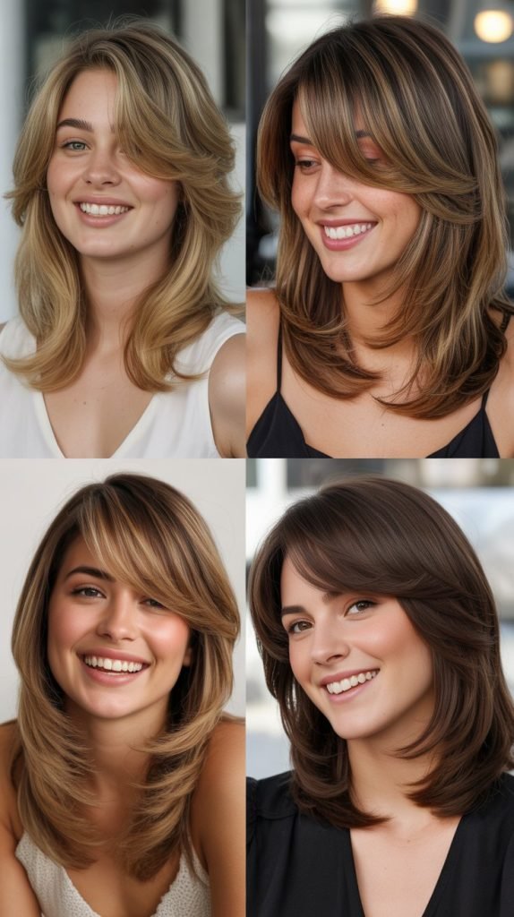 . Layered Mid-Length with Swoopy Bangs