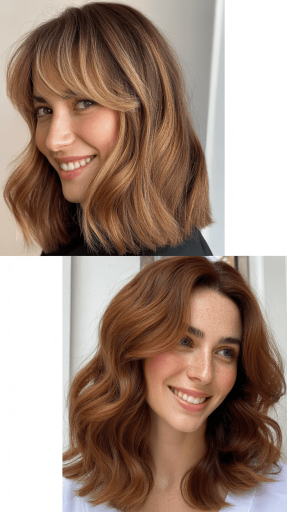 Balayage Long Bob With Sun-Kissed Curtain Bangs