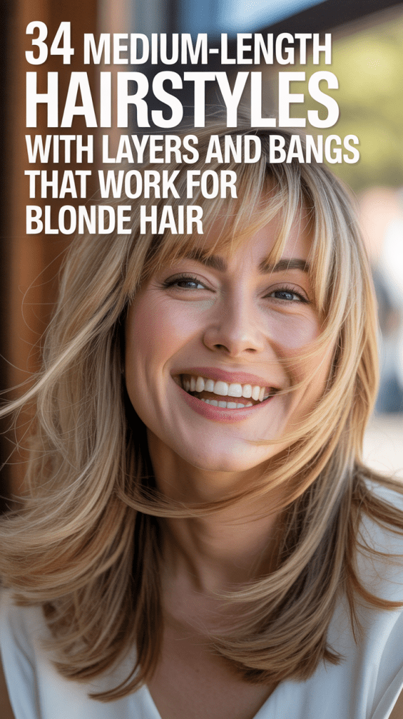 Medium-Length Hairstyles with Layers and Bangs That Work for Blonde Hair