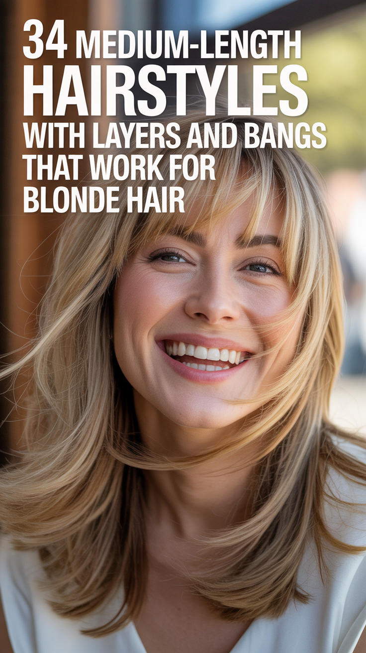 Medium-Length Hairstyles with Layers and Bangs That Work for Blonde Hair