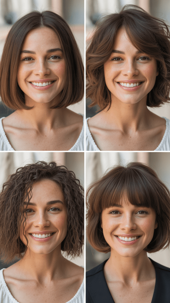 Blunt Cut Base With Layered Top And Curtain Bangs