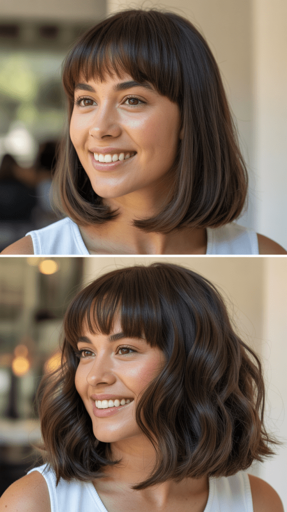 Long Bob With Curtain Bangs And Razored Ends