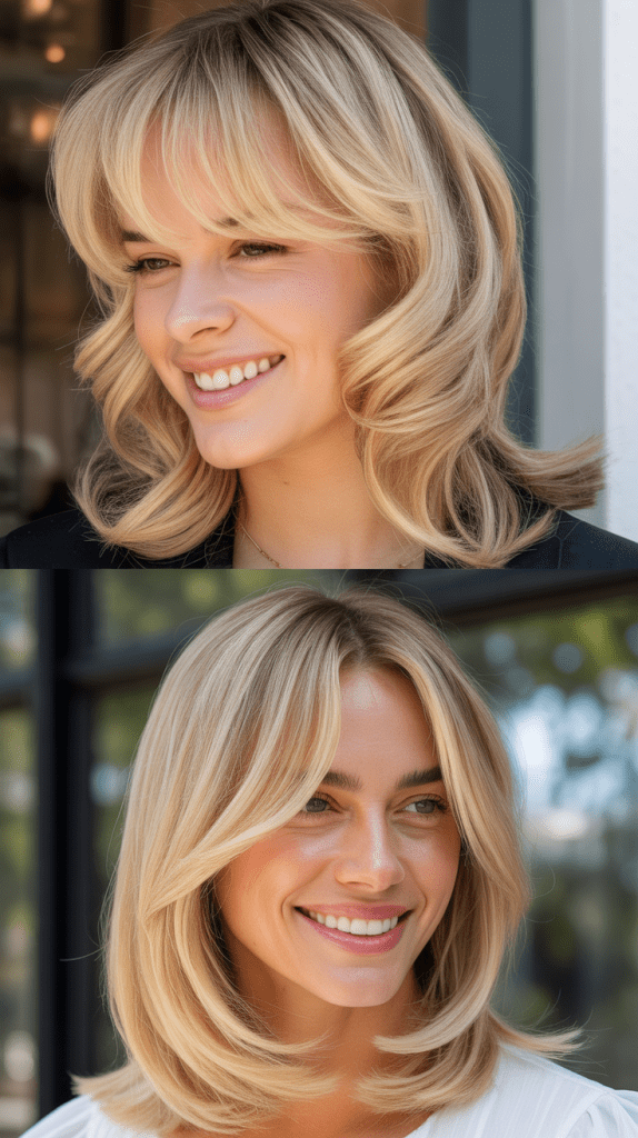 Champagne Bubbles Blonde with Slithering Layers and Curtain Bangs