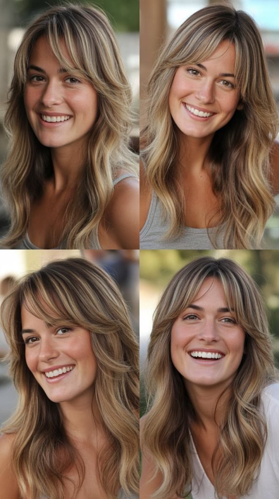 Long Hair with Feathered Side Bangs and Highlights