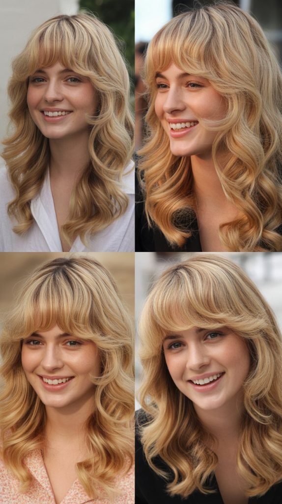 Toasted Coconut Blonde Waves with Curtain Bangs
