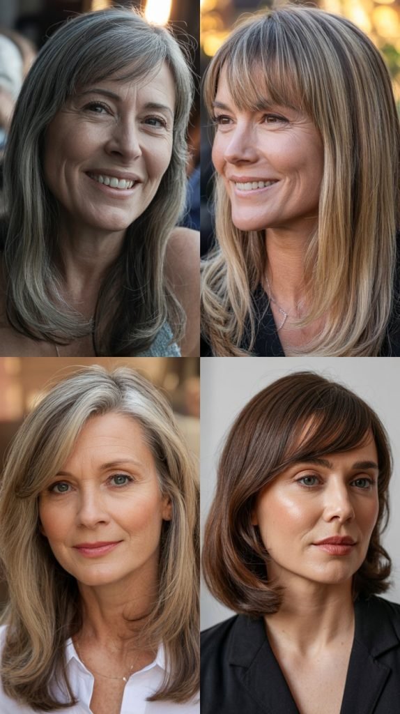 8. Long Straight Hair with Side-Swept Bangs