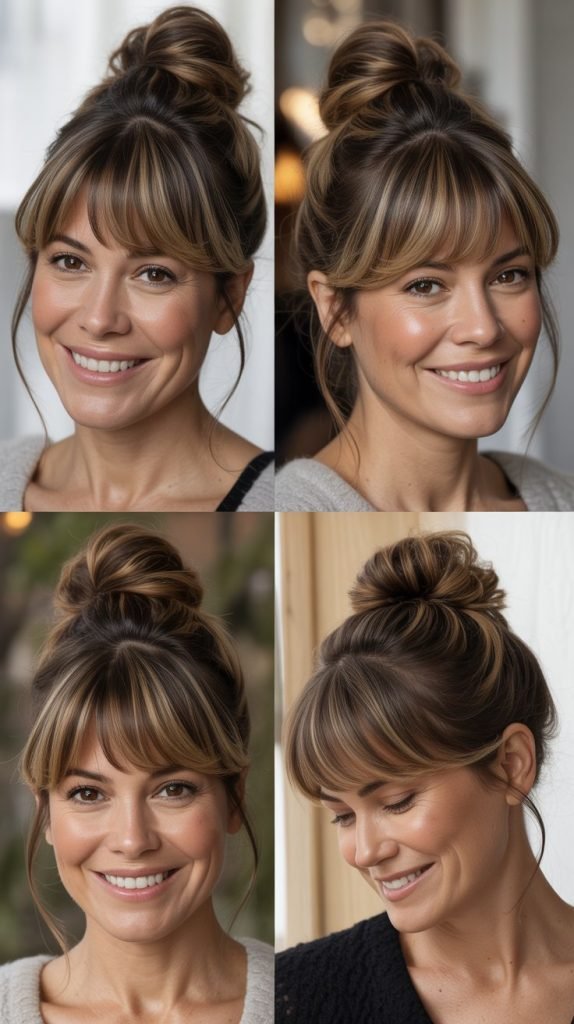 Curtain Bangs with a Top Knot