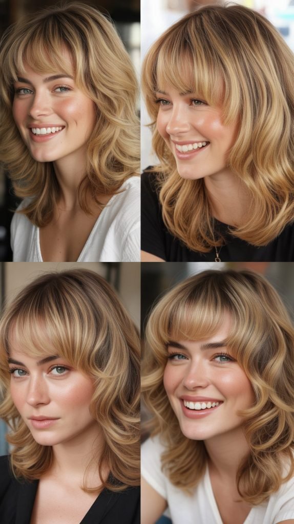 Golden Wheat Blonde Shag with Full Bangs