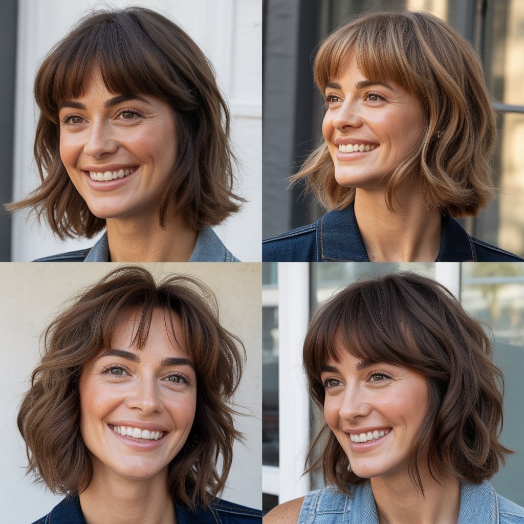 Blunt Baby Bangs with Choppy Mid-Length Layers