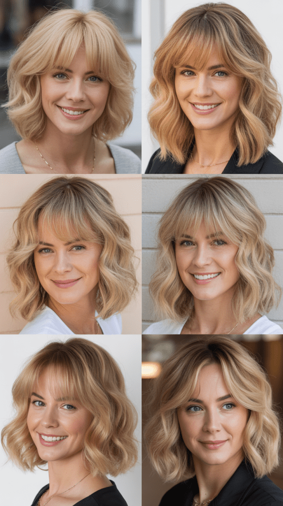 Medium-Length Blonde Beach Waves with Curtain Bangs