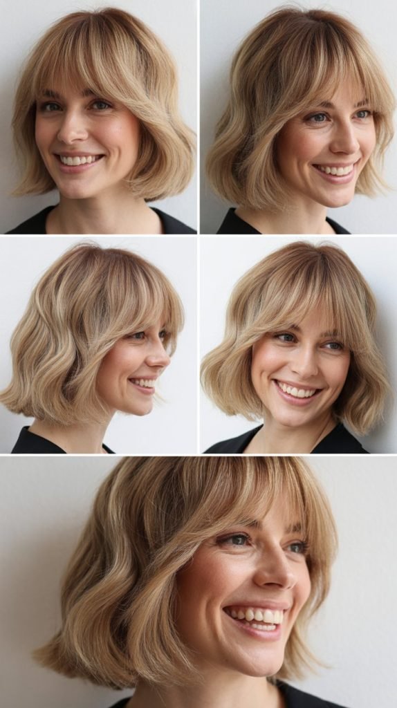 Beige Blonde Lob with Soft Fringe
