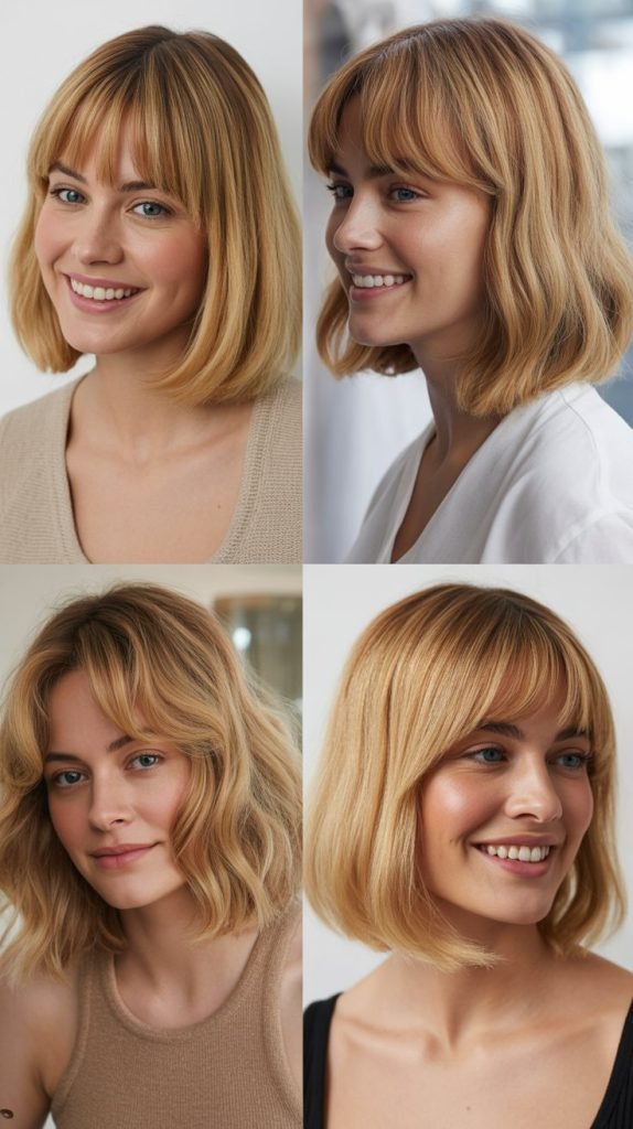 Honey Blonde Lob with Curtain Bangs