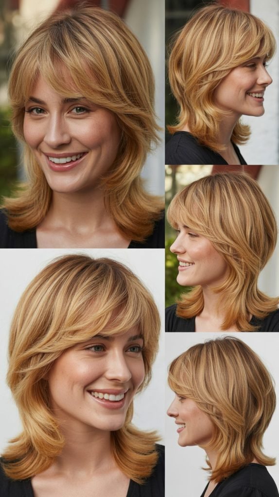 Honey Butter Blonde with Choppy Layers and Bangs